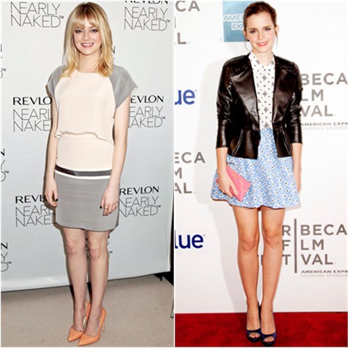 Stone's dress by Daniel Vosovic, shoes by Rupert Sanderson; Watson's jacket, dress, purse, and shoes by Miu Miu