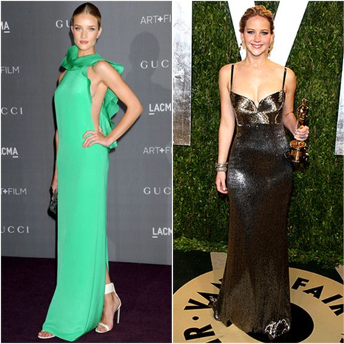 Rosie's gown, purse, and shoes by Gucci; Jennifer's gown by Calvin Klein