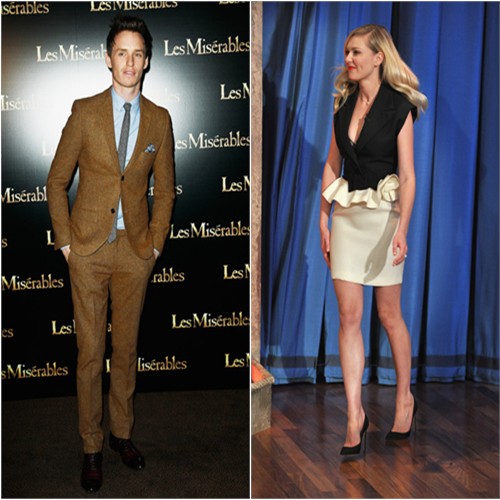 Eddie's suit by Topman; Kirsten's dress by Lanvin
