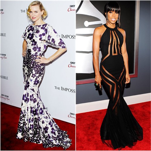 Naomi's gown by Zac Posen; Kelly's gown by Georges Chakra