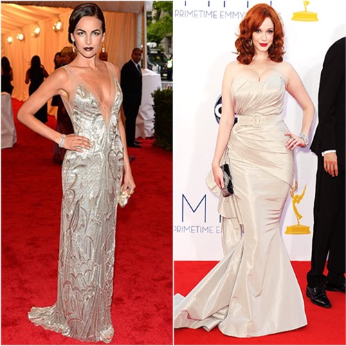 Camilla's gown by Ralph Lauren; Christina's gown by Christian Siriano, purse by Judith Leiber