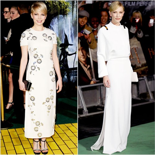 Michelle's gown and shoes by Prada, purse by Kate Young for Target; Cate's gown and shoes by Givenchy