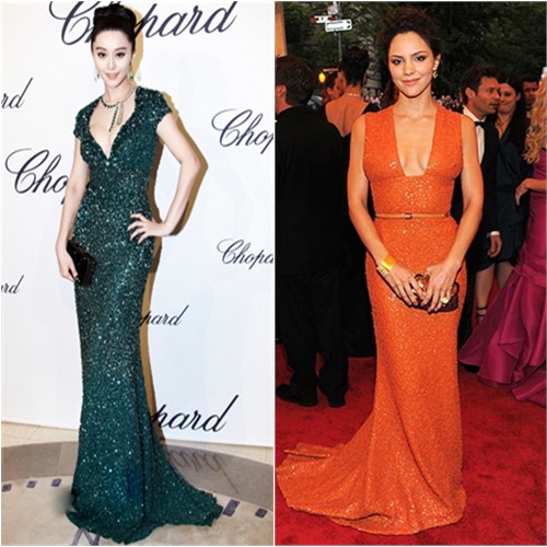Fan's gown by Elie Saab, purse by Salvatore Ferragamo; Katharine's gown by Elie Saab