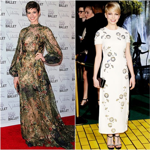 Anne's gown by Valentino, purse by Roger Vivier; Michelle's gown and shoes by Prada, purse by Kate Young for Target