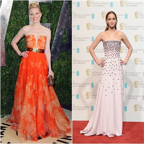 Elizabeth's gown and purse by Alexander McQueen; Jennifer's gown by Christian Dior