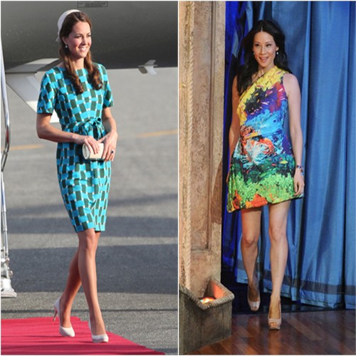 Duchess Kate's dress by Jonathan Saunders, hat by Jane Taylor, shoes by L.K. Bennett; Lucy's dress by Mary Katrantzou, shoes by Nicholas Kirkwood