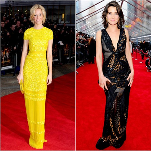 Elizabeth's gown by Bill Blass, purse by Judith Leiber; Cobie's gown by Donna Karan