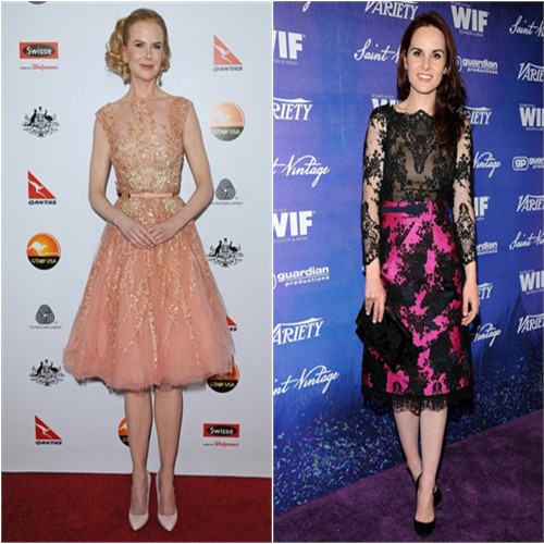 Nicole's dress by Elie Saab, purse and shoes by Bottega Veneta; Michelle's dress by Erdem