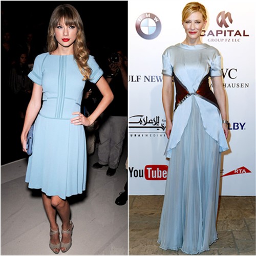 Taylor's dress and purse by Elie Saab; Cate's gown by Rodarte