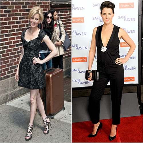 Elizabeth's dress by Marc Jacobs, shoes by Jerome C. Rousseau; Cobie's jumpsuit by Yves Saint Laurent, purse by Perrin Paris, shoes by Tom Ford