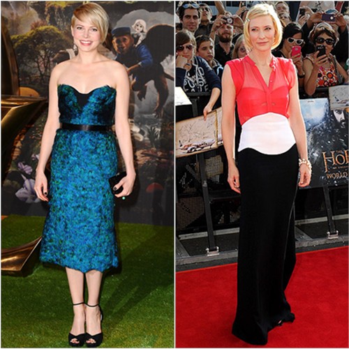 Michelle's dress by Burberry Prorsum, shoes by Jimmy Choo; Cate's gown by Antonio Berardi