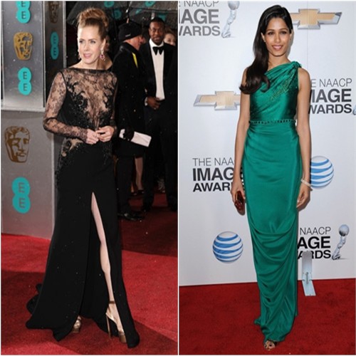 Amy's gown by Elie Saab, shoes by Casadei; Freida's gown by James Ferreira, purse by Judith Leiber