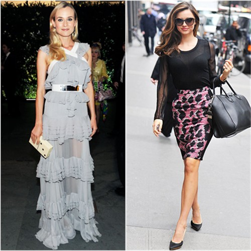 Diane's gown by Prabal Gurung, purse by Charlotte Olympia; Miranda's top by Phillip Lim, skirt by Balenciaga, sunglasses by Linda Farrow, purse by Givenchy, shoes by Lanvin