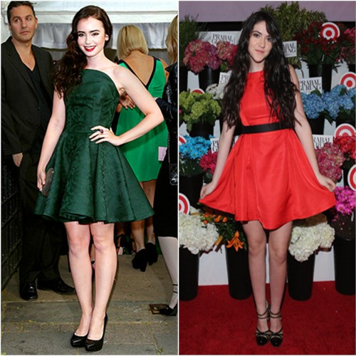 Lily's dress and shoes by Alexander McQueen; Isabelle's dress by Prabal Gurung for Target, shoes by Versus
