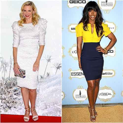 Naomi's dress by Marchesa, purse by Louis Vuitton, shoes by Christian Louboutin; Kelly's dress by Fendi