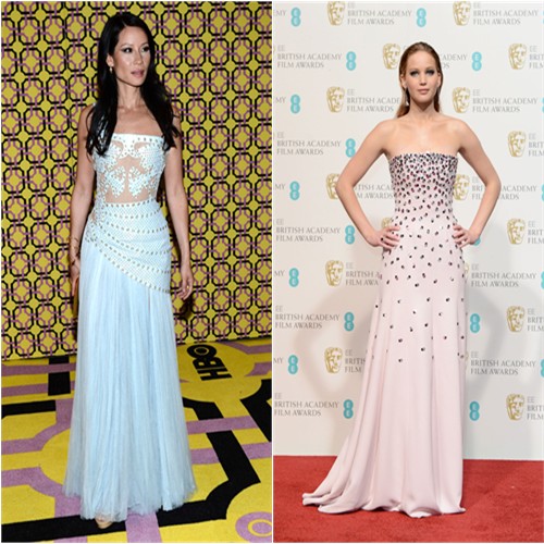 Lucy's gown by Atelier Versace, purse and shoes by Jimmy Choo; Jennifer's gown by Christian Dior