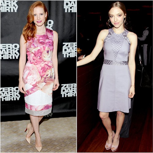 Jessica's dress by Preen, shoes by Christian Louboutin; Amanda's dress by Marios Schwab, shoes by Rupert Sanderson