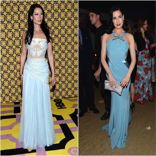 Lucy's gown by Atelier Versace, purse and shoes by Jimmy Choo; Dita's gown by Jenny Packham, purse by Christian Louboutin