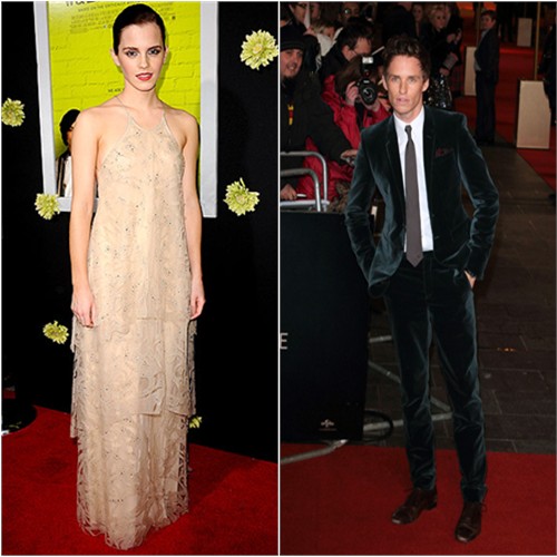 Emma's gown by Giorgio Armani; Eddie's suit by Burberry Prorsum
