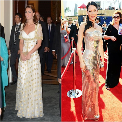 Duchess Kate's gown by Alexander McQueen; Lucy's gown by Versace, purse by Giuseppe Zanotti