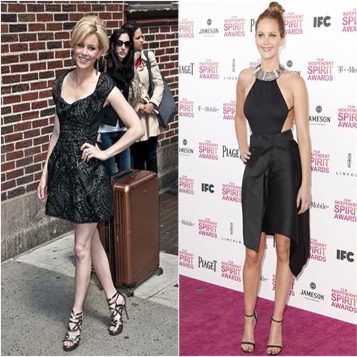 Elizabeth's dress by Marc Jacobs, shoes by Jerome C. Rousseau; Jennifer's dress by Lanvin, shoes by Giuseppe Zanotti