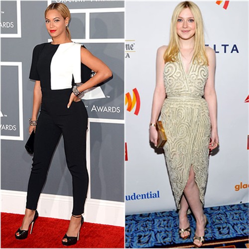 Beyonce's jumpsuit by Osman, purse by Swarovski, shoes by Jimmy Choo; Dakota's dress by Halston, purse by Salvatore Ferragamo, shoes by Manolo Blahnik