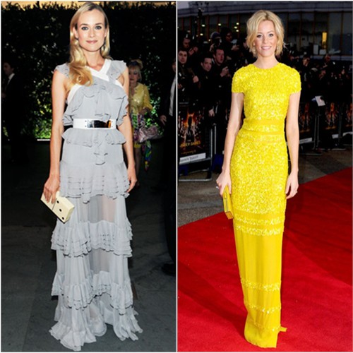 Diane's gown by Prabal Gurung, purse by Charlotte Olympia; Elizabeth's gown by Bill Blass, purse by Judith Leiber