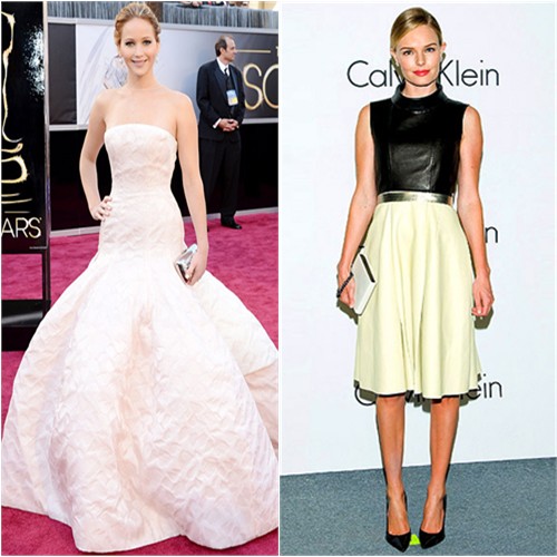 Jennifer's gown by Christian Dior, purse by Roger Vivier; Kate's dress and purse by Calvin Klein