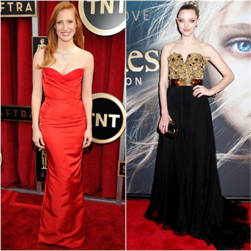 Jessica's gown by Alexander McQueen; Amanda's gown and purse by Alexander McQueen