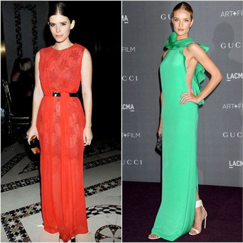 Kate's gown by Jason Wu; Rosie's gown, purse, and shoes by Gucci