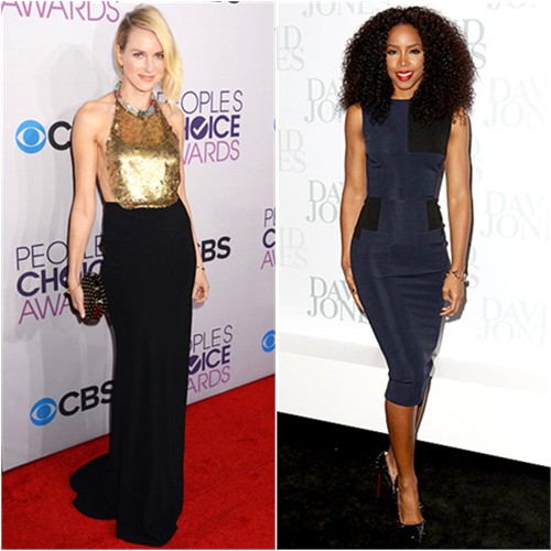 Naomi's gown by Alexander McQueen, purse by Jimmy Choo; Kelly's dress by Victoria Beckham, shoes by Christian Louboutin