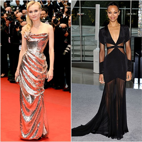 Diane's gown by Vivienne Westwood, purse by Jimmy Choo; Zoe's gown by Prabal Gurung