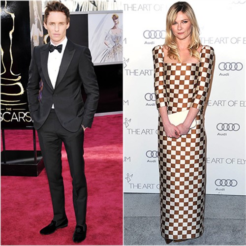 Eddie's tuxedo by Alexander McQueen; Kirsten's gown and purse by Louis Vuitton