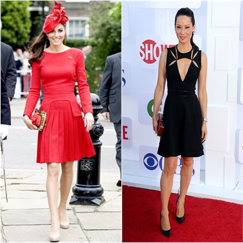 Duchess Kate's dress and purse by Alexander McQueen, hat by Sylvia Fletcher, shoes by L.K. Bennett; Lucy's dress by J. Mendel, purse by Judith Leiber, shoes by Casadei