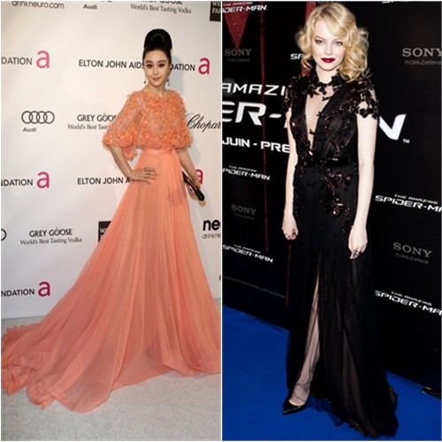 Fan's gown by Elie Saab, purse by Roger Vivier; Emma's gown by Gucci, shoes by Christian Louboutin