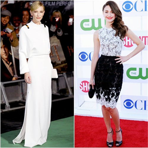 Cate's gown by Givenchy; Emmy's dress by Zuhair Murad, purse and shoes by Christian Louboutin