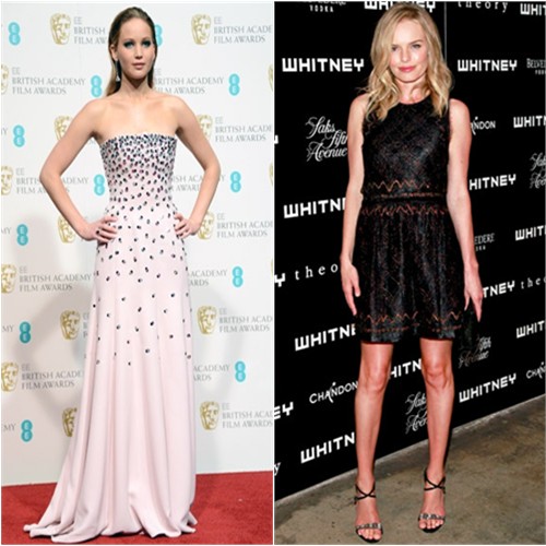 Jennifer's gown by Christian Dior, purse by Judith Leiber, shoes by Jimmy Choo; Kate's dress by Theory, shoes by Giuseppe Zanotti