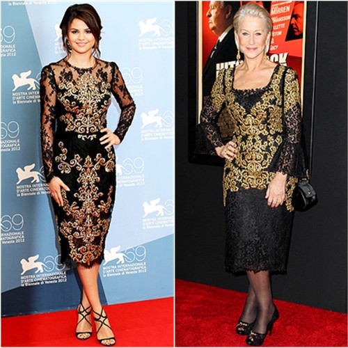 Selena's dress and Helen's dress, purse, and shoes by Dolce & Gabbana; Selena's shoes by Jimmy Choo