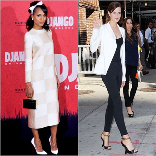 Kerry's dress and headband by Louis Vuitton, purse by Vince Camuto, shoes by Christian Louboutin; Emma's pants by J Brand, shoes by Tom Ford