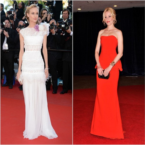 Diane's gown by Nina Ricci, purse by Judith Leiber; Elizabeth's gown by Antonio Berardi, purse by Lara Bohnic