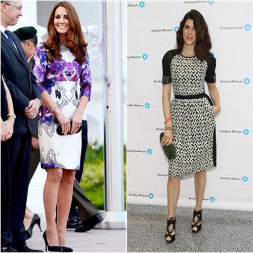 Duchess Kate's dress by Prabal Gurung, shoes by Prada; Marisa's dress by Preen, purse by Edie Parker, shoes by Nicholas Kirkwood