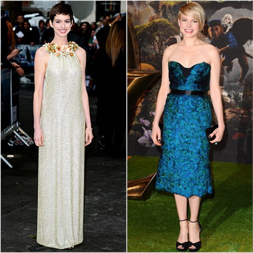 Anne's gown by Gucci; Michelle's dress by Burberry Prorsum, shoes by Jimmy Choo