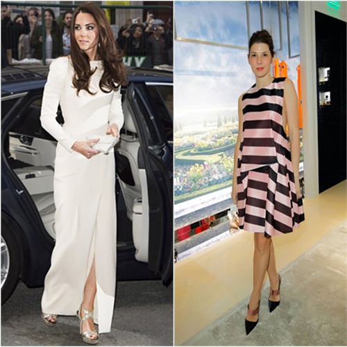 Duchess Kate's gown by Roland Mouret, purse and shoes by Jimmy Choo; Marisa's dress and shoes by Christian Dior