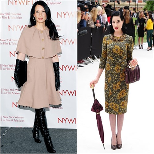 Lucy's coat by Dolce & Gabbana, boots by Stuart Weitzman; Dita's dress by Burberry
