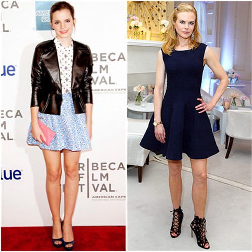 Emma's jacket, dress, purse, and shoes by Miu Miu; Nicole's dress by Azzedine Alaia, shoes by Manolo Blahnik