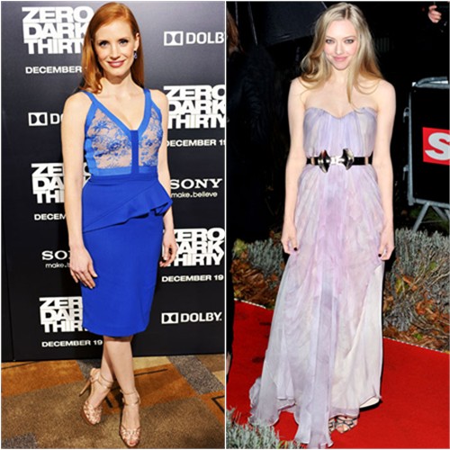 Jessica's dress by Elie Saab, shoes by Charlotte Olympia; Amanda's gown by Alexander McQueen, shoes by Rupert Sanderson
