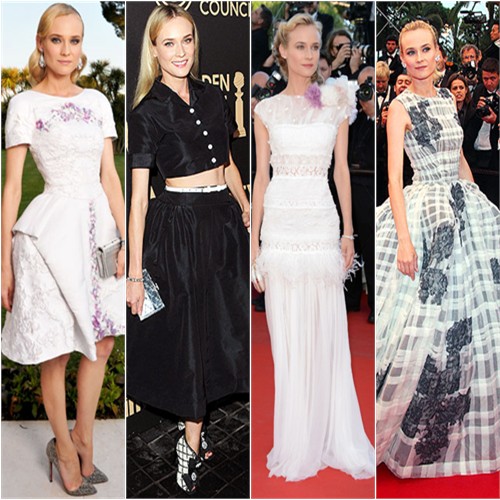 1. dress by Chanel, shoes by Christian Louboutin 2. top and skirt by Rochas, purse and shoes by Chanel 3. gown by Nina Ricci, purse by Judith Leiber 4. gown by Christian Dior