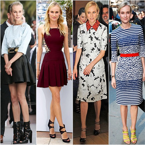 1) top, belt, skirt, and shoes by Balmain 2) dress by Versus, shoes by Jimmy Choo  3) dress by Derek Lam, shoes by Versus 4) dress by Preen, purse by Chanel, shoes by Loeffler Randall