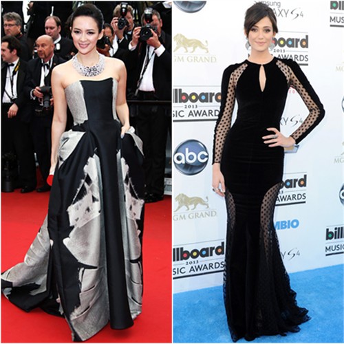 Zhang's gown by Carolina Herrera, purse by Jimmy Choo; Emmy's gown by Zuhair Murad