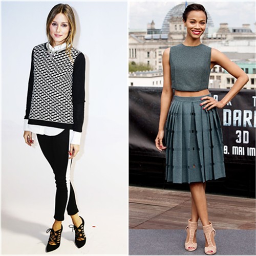 Olivia's sweater by Tibi, blouse by Rebecca Taylor, jeans by Hudson, shoes by Giorgio Armani; Zoe's top and skirt by Calvin Klein, shoes by Jimmy Choo